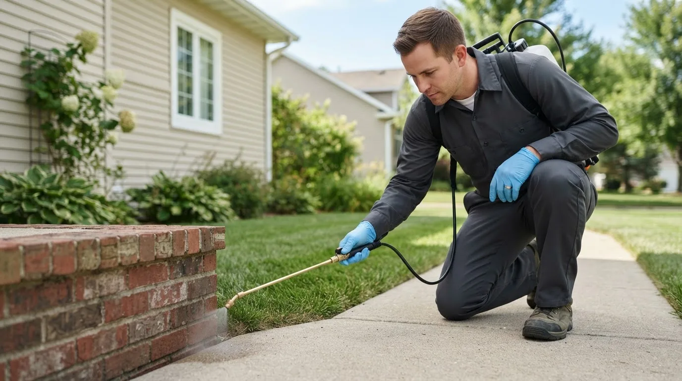 Pest control technician treating a home near Pandora, TX