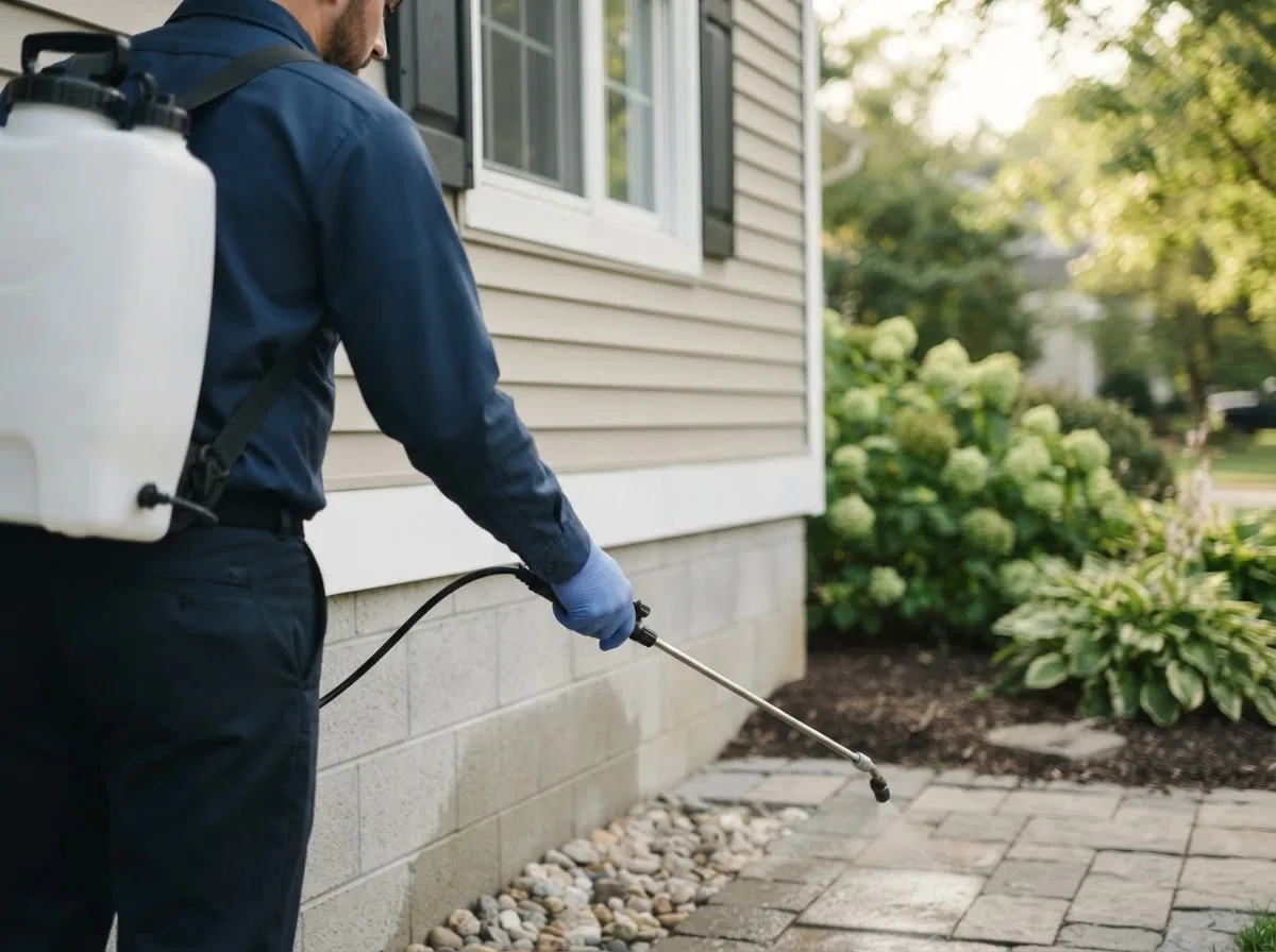 Pest control technician inspecting a home in Pandora, TX
